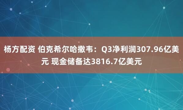 杨方配资 伯克希尔哈撒韦：Q3净利润307.96亿美元 现金储备达3816.7亿美元